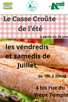 Flyer des casse-croûte de l'été qui débutent le 30/06 : distribution alimentaire le vendredi et samedi à Accueil SDF 4 rue du vieux temple