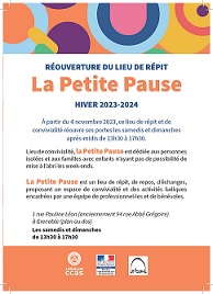 A compter du 4 novembre prochain, la petite Pause ouvre de nouveau ses portes au 1 rue Pauline Léon (ex rue Abbé Grégoire) à Grenoble de 13h30 à 17h30 tous les samedis et dimanches jusqu’au 31 mars 2023.  Ce projet de lieu de répit et de convivialité est 