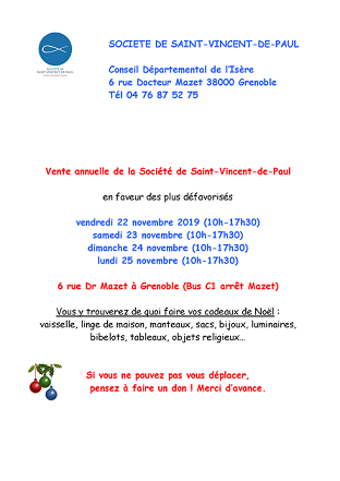 Flyer VENTE ANNUELLE DE LA SOCIÉTÉ SAINT VINCENT DE PAUL noêl 2019