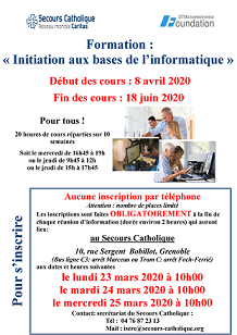 Affiche des cours d'initiation informatique Secours catholique avril 2020   	