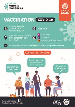 Flyer sur les vaccinations organisées pour les personnes domiciliées au CCAS de Grenoble les 28, 29 et 30 juillet 2021
