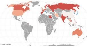 Planisphère montrant la propagation du coronavirus dans le monde (février 2020)