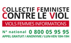 Logo du Collectif féministe contre le viol 0 800 05 95 95 appel gratuit, anonyme du lundi au vendredi de 10h à 19h