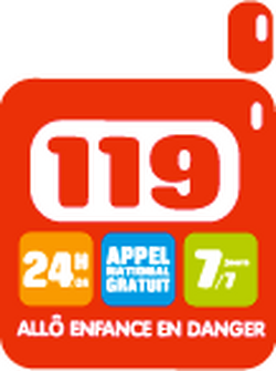 Logo du 119, numéro d'Allô Enfance en danger, 24h sur 24, 7 jours sur 7, gratuit