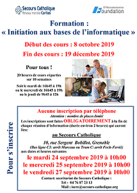 Affiche sur la formation gratuite du Secours catholique initiation aux bases de l'informatique septembre 2019