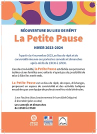 A compter du 4 novembre prochain, la petite Pause ouvre de nouveau ses portes au 1 rue Pauline Léon (ex rue Abbé Grégoire) à Grenoble de 13h30 à 17h30 tous les samedis et dimanches jusqu’au 31 mars 2023. Ce projet de lieu de répit et de convivialité est 