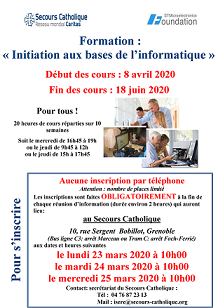 Affiche des cours d'initiation informatique Secours catholique avril 2020 