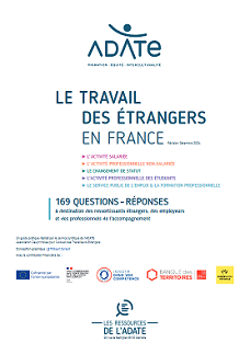 1ère de couverture de la brochure de l'ADATE : Le travail des étrangers en France : 169 questions -réponses à destination des ressortissants étrangers, des employeurset des professionnels de l’accompagnement 