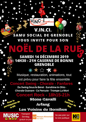 un concert Swing, suivi d'une chorale, deux fanfares, une tombola, pour finir avec une concert Rock. Différentes animations égayeront cette journée avec des clowns, des jeux, une tombola et des sacs à dos avec des cadeaux. Ce moment se veut festif, pour un public qui est bien souvent oublié et livré à lui-même au cours des fêtes de fin d'année.